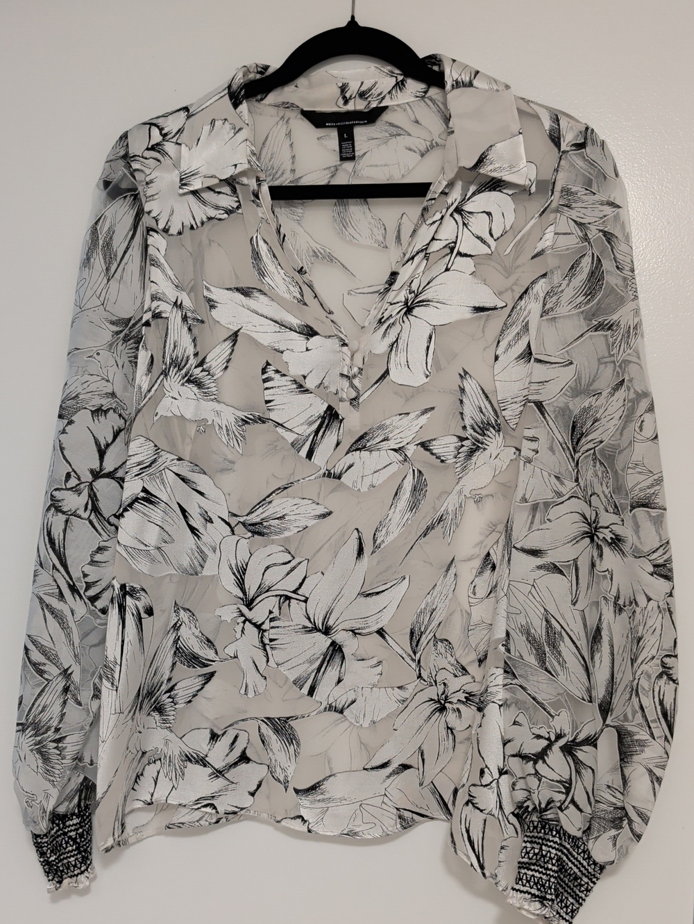 White House Black Market Black & White Sheer Floral Button-Front Blouse